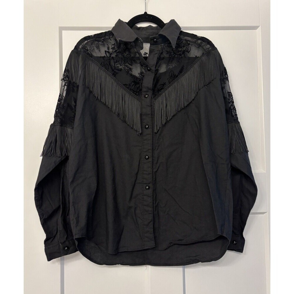 Vintage Sassa Black Cotton Fringe Long Sleeve Shirt Rodeo Western Cowboy Top Lg